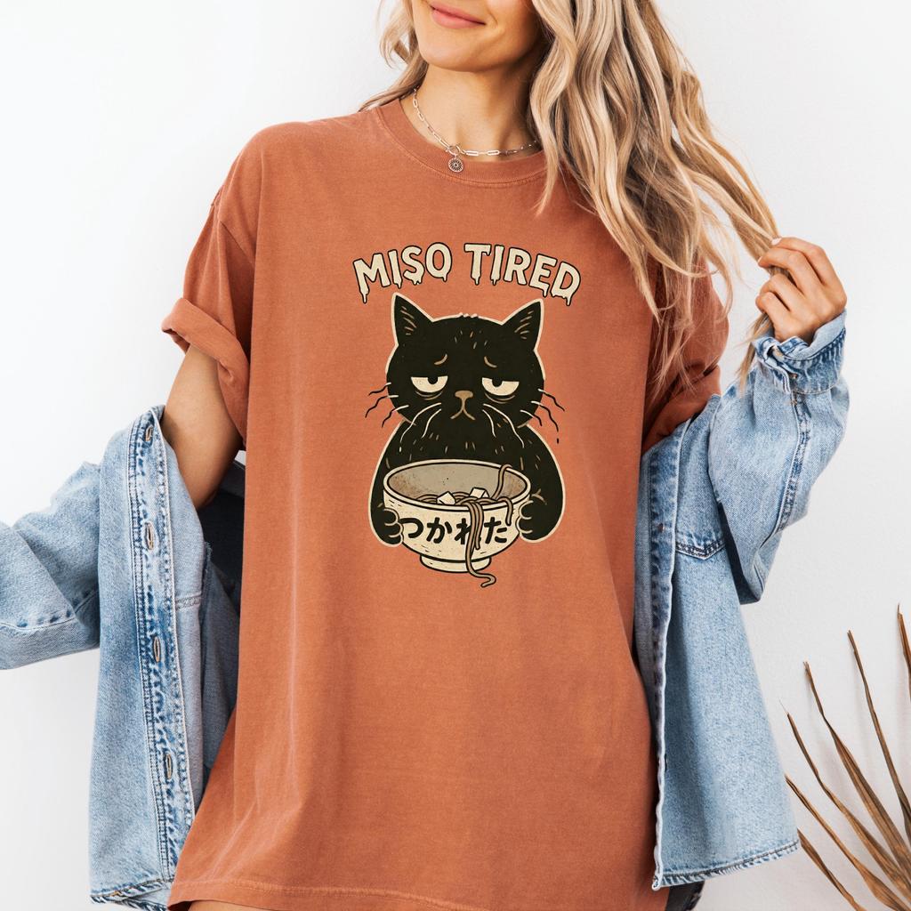 Miso Tired Black Cat Ramen Bowl Tee Funny Exhausted Kitty Shirt Retro Japanese Noodle Gift