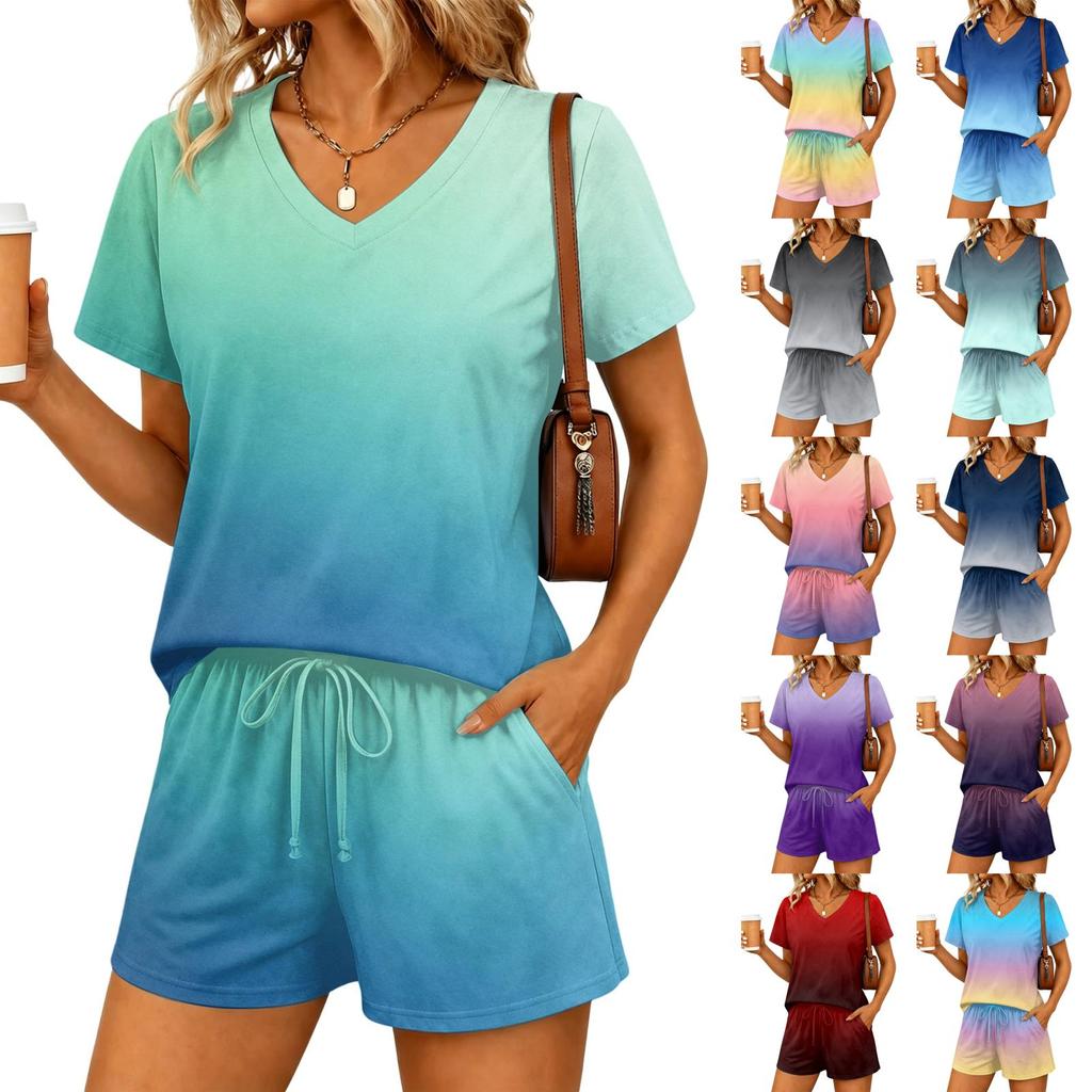 Damen Lässiges Zweiteiliges Set V-Ausschnitt Kurzarm Top und Shorts mit Elastischem Bund Farbverlauf Print Loungewear Sommer Outfit