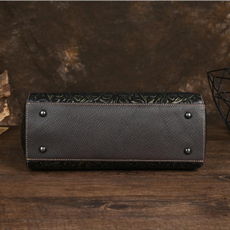 Johnature Retro kabelka z pravé kůže Ženy Ručně vyráběná embosovaná hovězí kůže Velkokapacitní kabelky přes rameno a crossbody