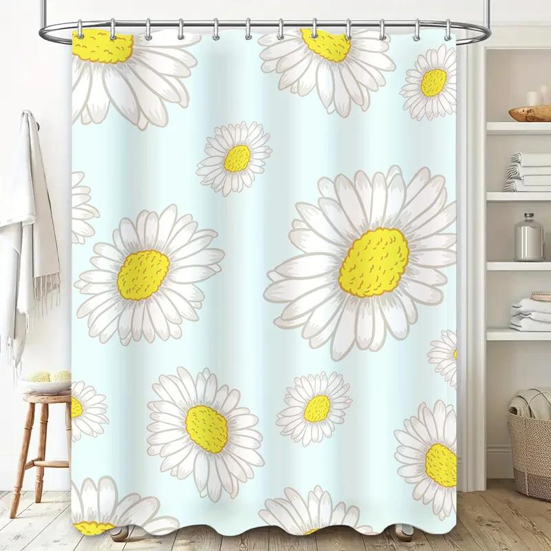 Stylish Bathroom Shower Curtain with Flower Design Waterproof Fabric for Home Decor Light Blue Color Floral Print Pattern