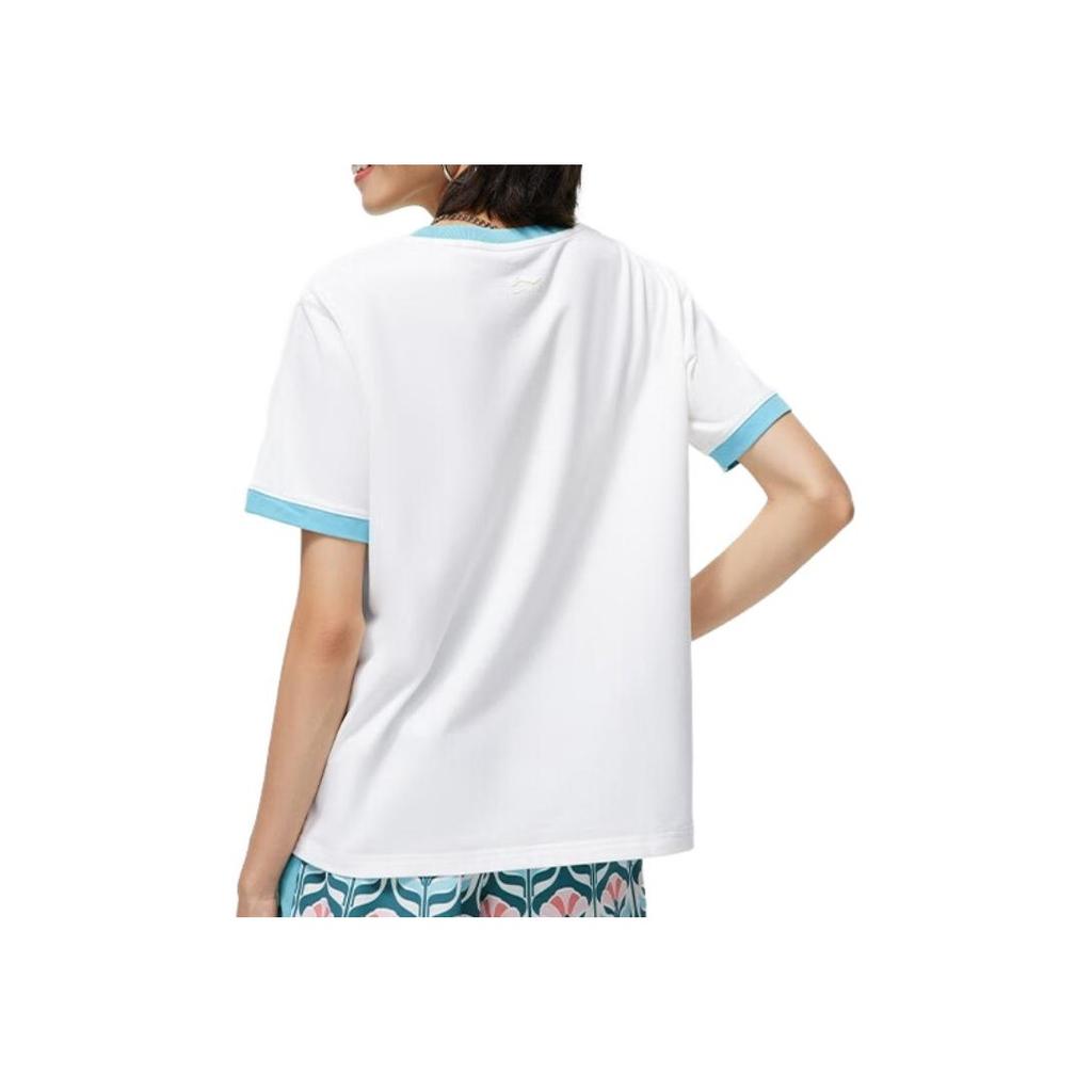 Li-Ning Letter Color Block Crew Neck Pullover Short Sleeve T-Shirt Women Tops Cream AHST488-1