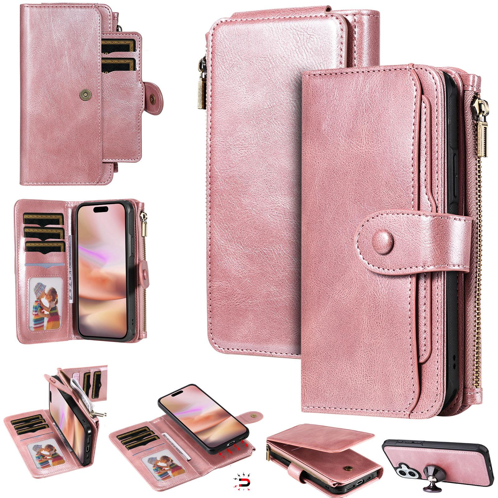 

For iPhone 16 Plus Magnetic Case Detachable PU Leather Zipper Wallet Cover Rose Gold
