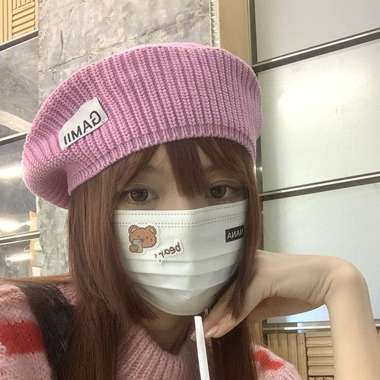 Trendy Korean Style Pink Knit Wool Beret: Women's Autumn/Winter Versatile, Face-Slimming Painter Hat
