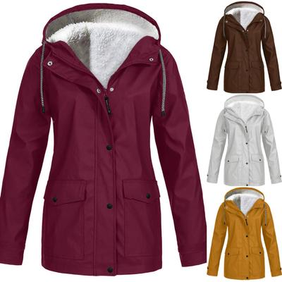 Frauen Solide Plüsch Regen Outdoor Plus Größe Mit Kapuze Regenmantel Winddichte Jacke Mantel