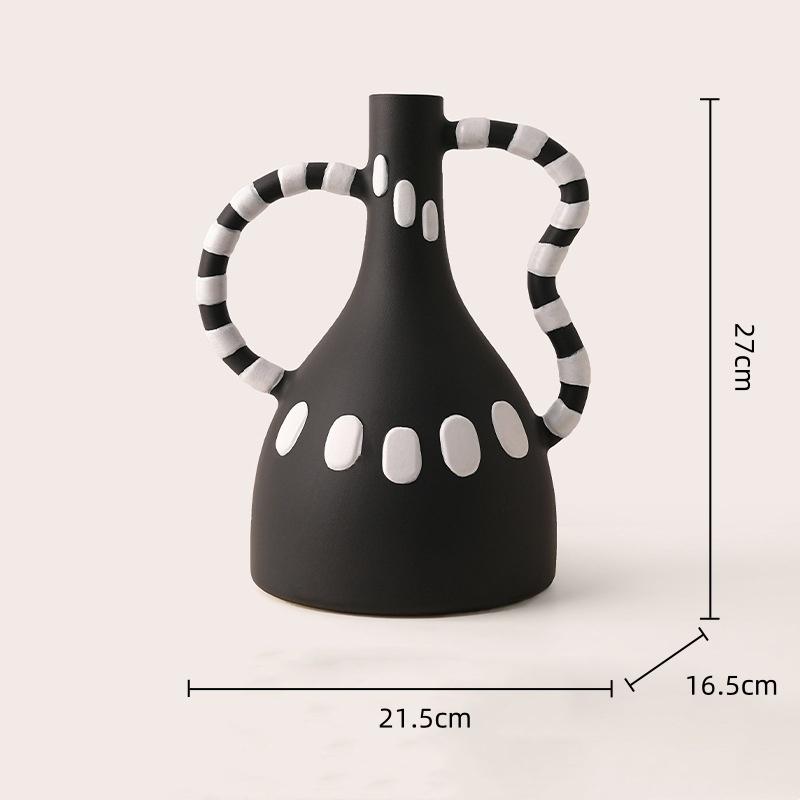 Ceramic Vase Black and White Dots Flower Vase Geometric Stripes Abstract Handle Flower Arrangement Pot Home Decoration