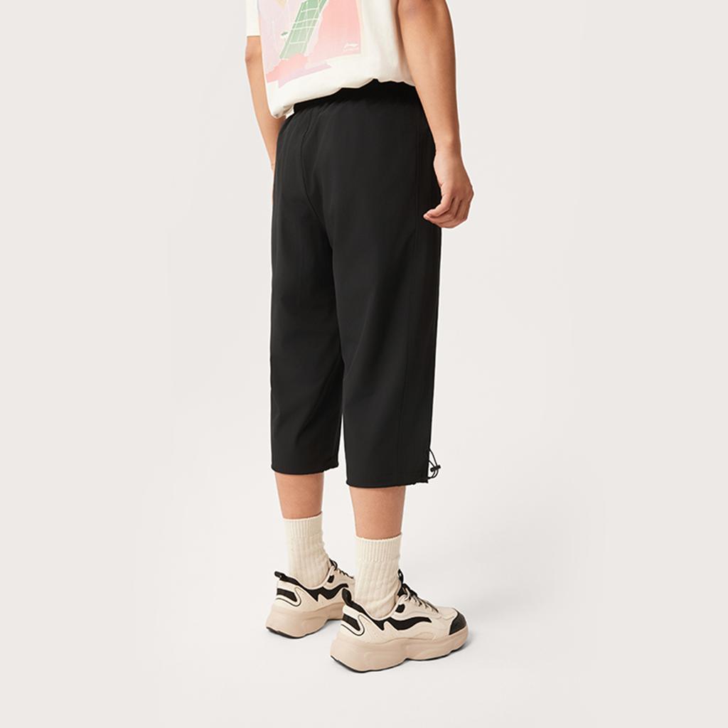 Li Ning Lifestyle Series Casual Solid Color Straight Leg Lace-Up Seven-Point Sports Shorts Men shorts Black AKQV007-1