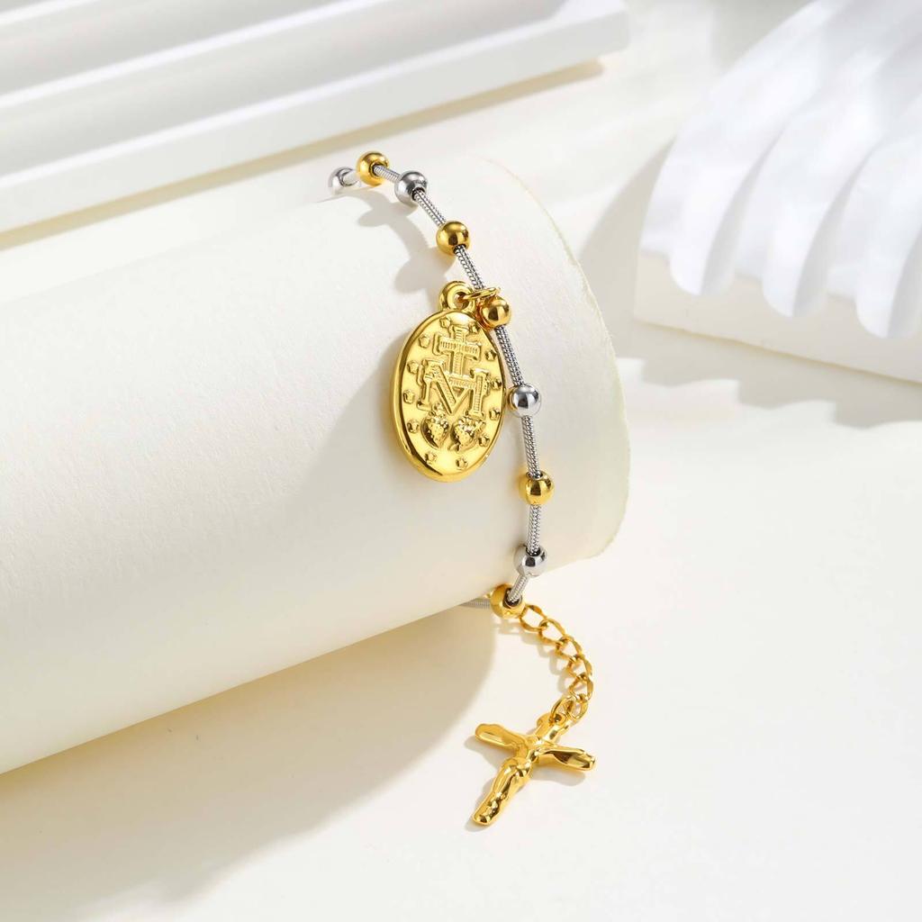 Vnox Adjustable Virgin Mary Bracelet for Women, Stainless Steel Gold Plated Snake Chain Pendant, Beaded Cross Religious Jewelry