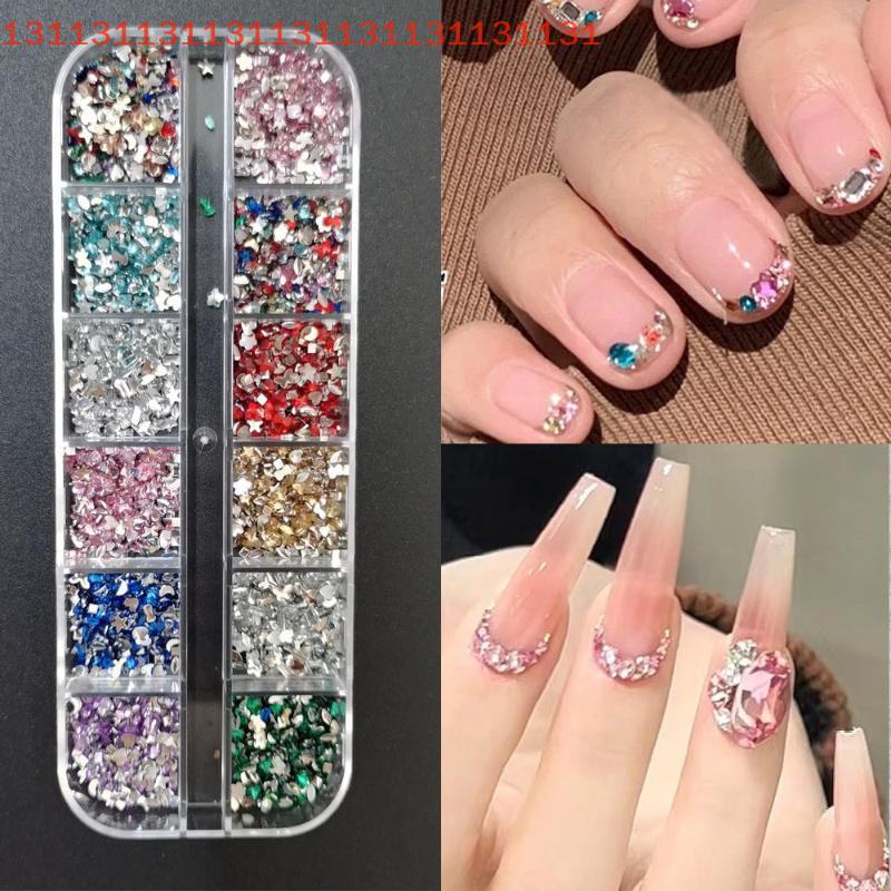 12 Grids Mix 3D Flatback Nail Rhinestones Mini Crystal Diamonds Glitter Charm for DIY Manicure Art Decorative Nail Art Accessory