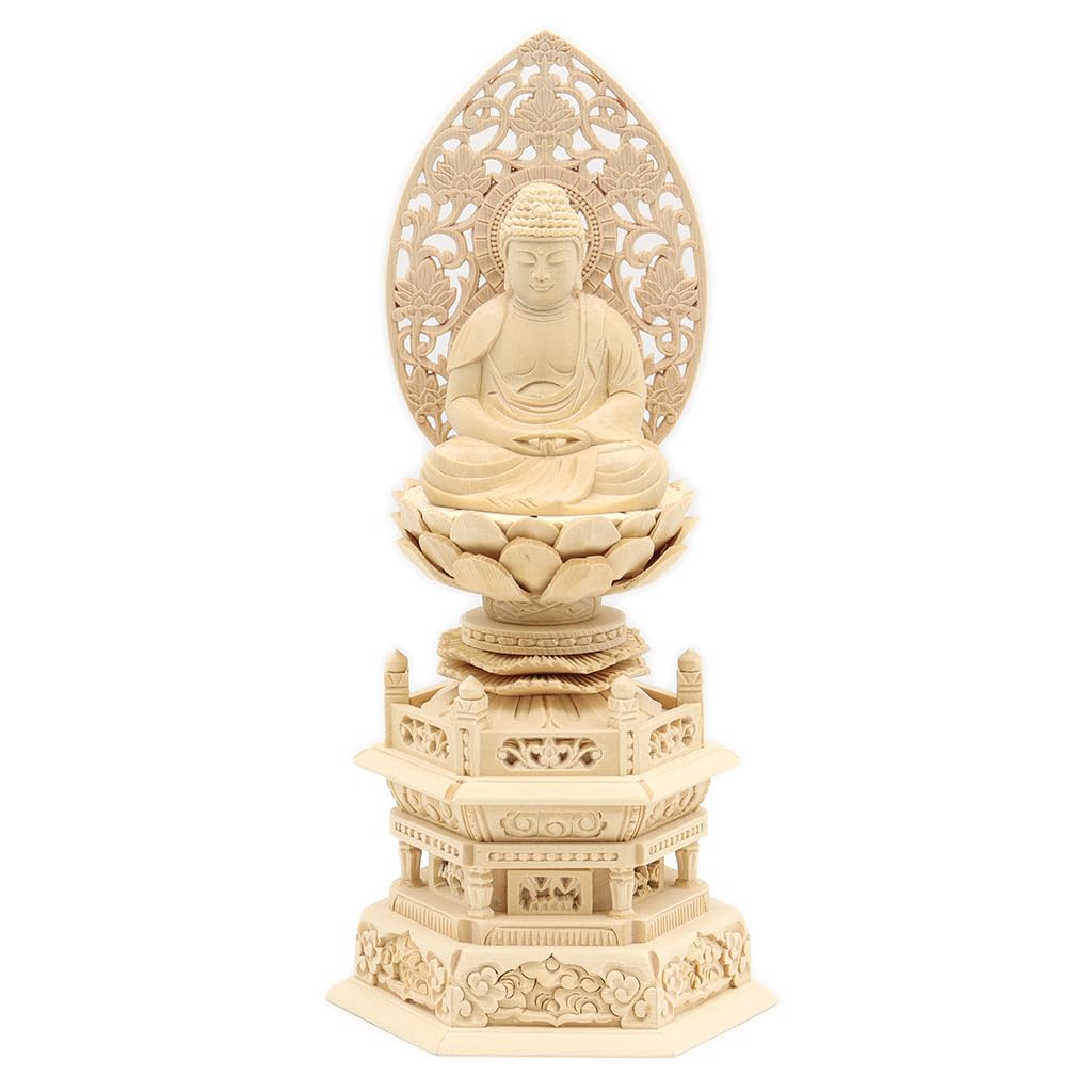 

special Buddha statue Amida Nyorai seated statue dimensions height width depth Grass halo Hexagonal stand High quality wood carving made of Japanese