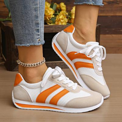 Scarpe Sportive Leggere da Donna - Scarpe Stringate Impreziosite Bianche e Arancioni, Scarpe da Fitness Traspiranti - Suola Ammortizzata Antiscivolo per Tutte le Stagioni