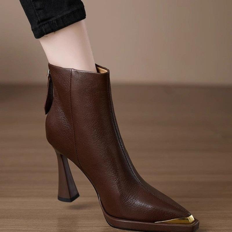 Deep-mouth metal pointed high-heeled short boots women's autumn new waterproof rear zipper Martin boots