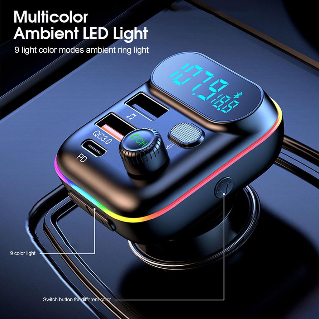 Auto Bluetooth 5.0 FM-Transmitter PD Typ-C Dual USB 3.1A Buntes Umgebungslicht Freisprecheinrichtung MP3-Modulator-Player
