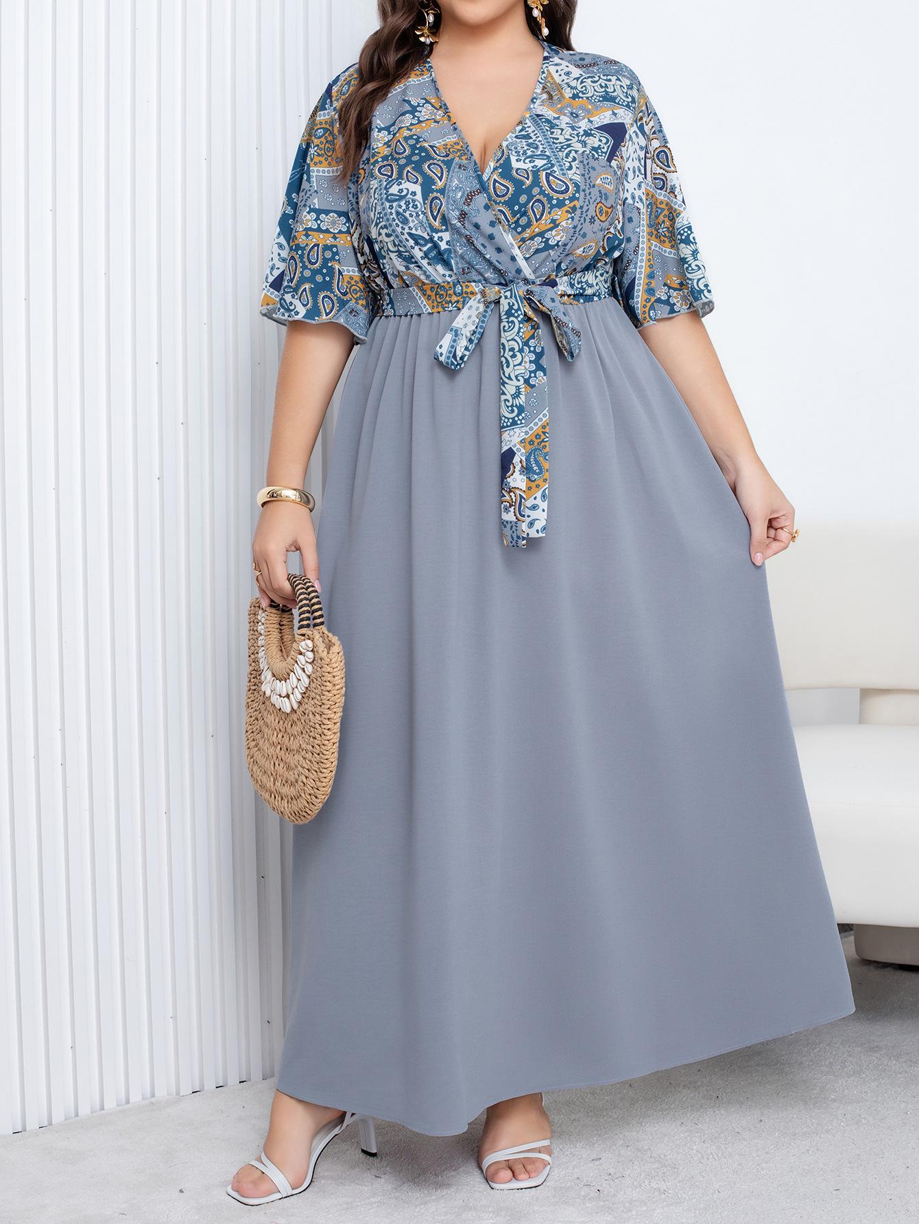 Stylish Plus Size Floral V-Neck Patchwork Dress - Spring/Summer Collection S серый