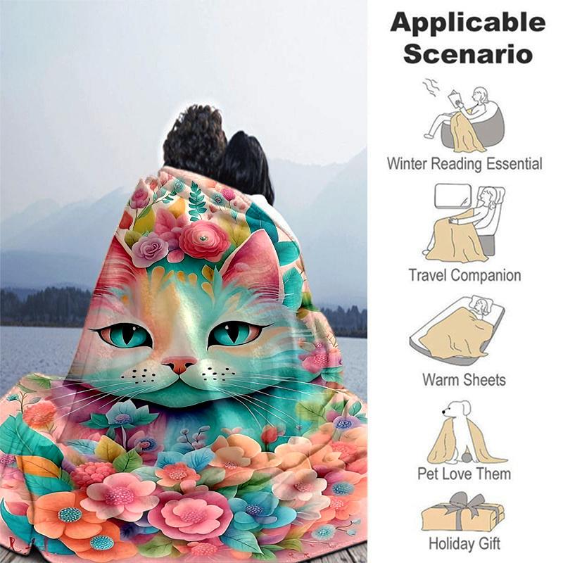 1pc Pink Cat Art with Floral Accents Blanket, Soft Throw for Room Decor