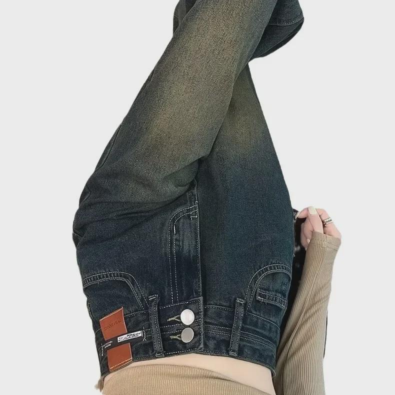 Women's High-Waist Retro Blue Wide-Leg Jeans for Spring & Autumn 2024 - Slim Fit for Petite Frames
