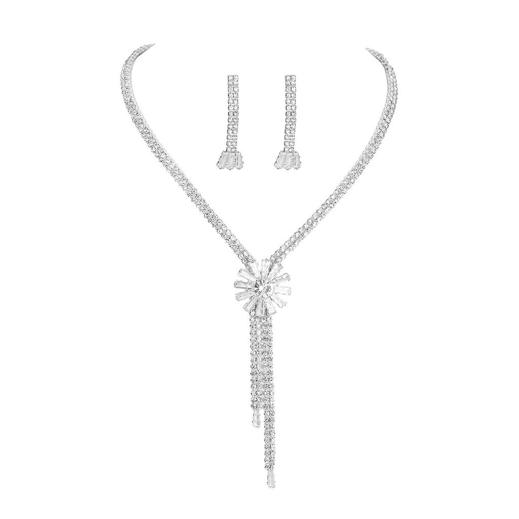Flower Rhinestone Fringed Necklace Earrings Set, High-end Sense Necklace Ear Zircon Two-piece Set