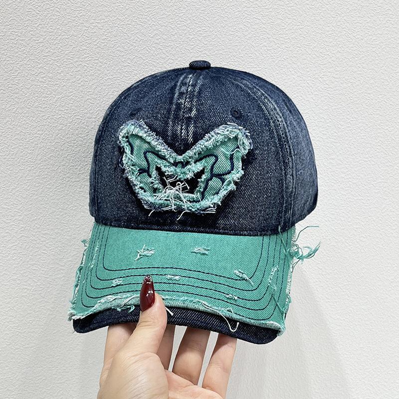 

Винтажная цветная американская потертая джинсовая ткань с нашивкой в виде бабочки, универсальная бейсболка-утконос, солнцезащитная кепка Adjustable тёмно-синий