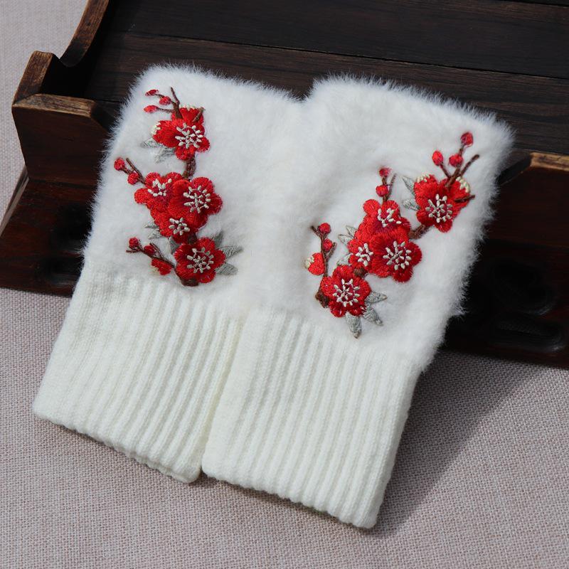 Embroidered Ethnic Style Half-Finger Warm Gloves for Autumn & Winter