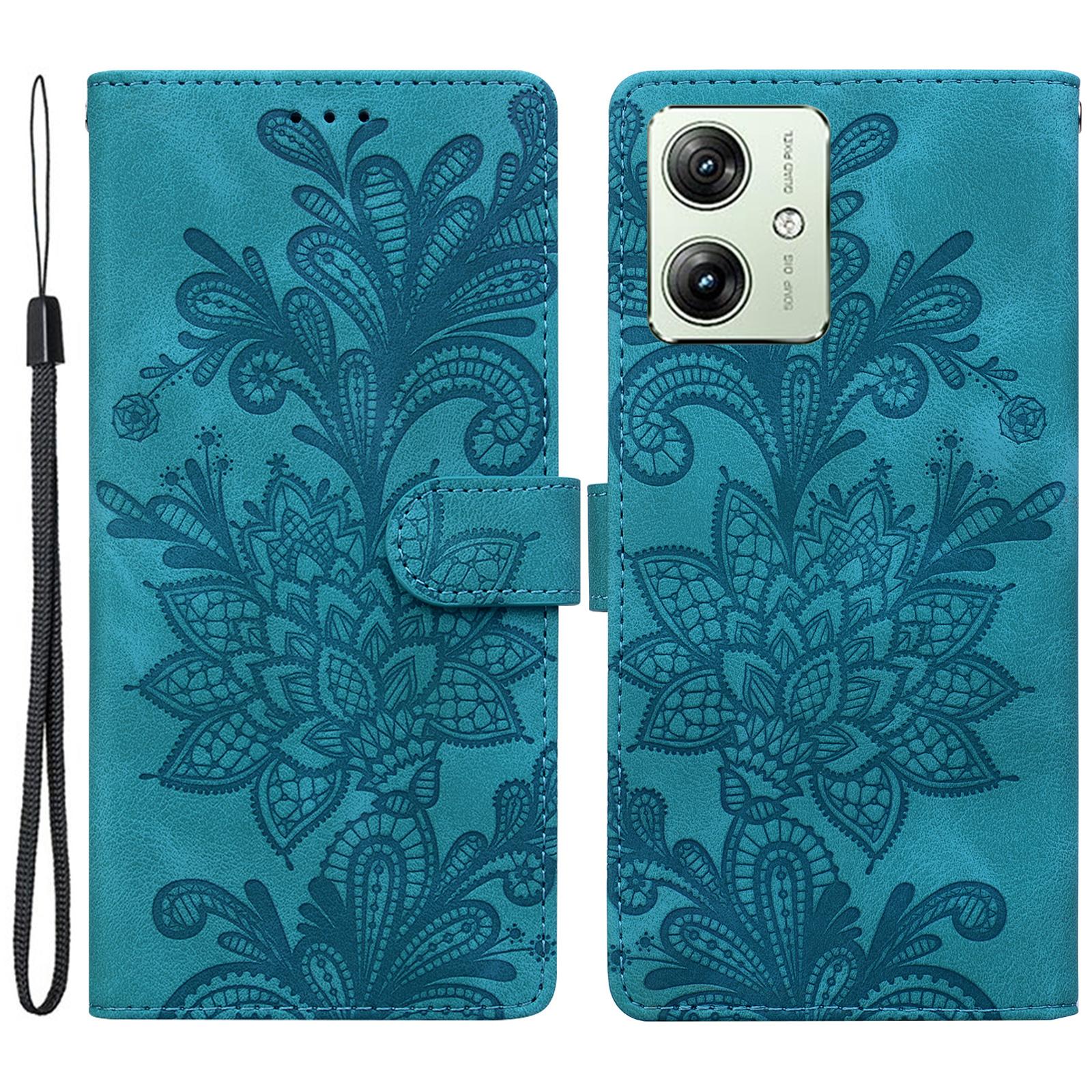 

For Motorola Moto G64 5G/G54 5G Case Imprinted Lace Flowers PU Leather Wallet Phone Cover Green