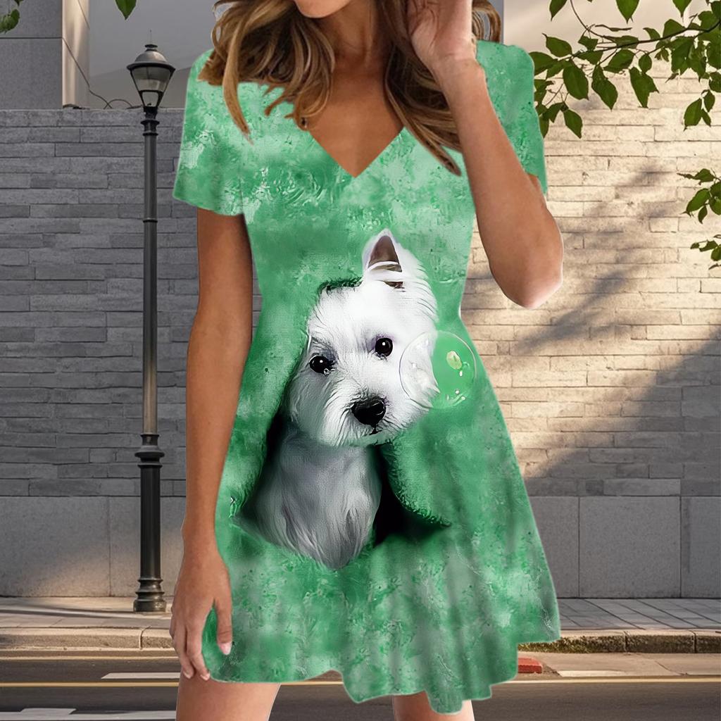 Summer Fashion Women's V Neck Short Sleeve Cute Puppy Printed  Dress Sex Short Skirt Dresses