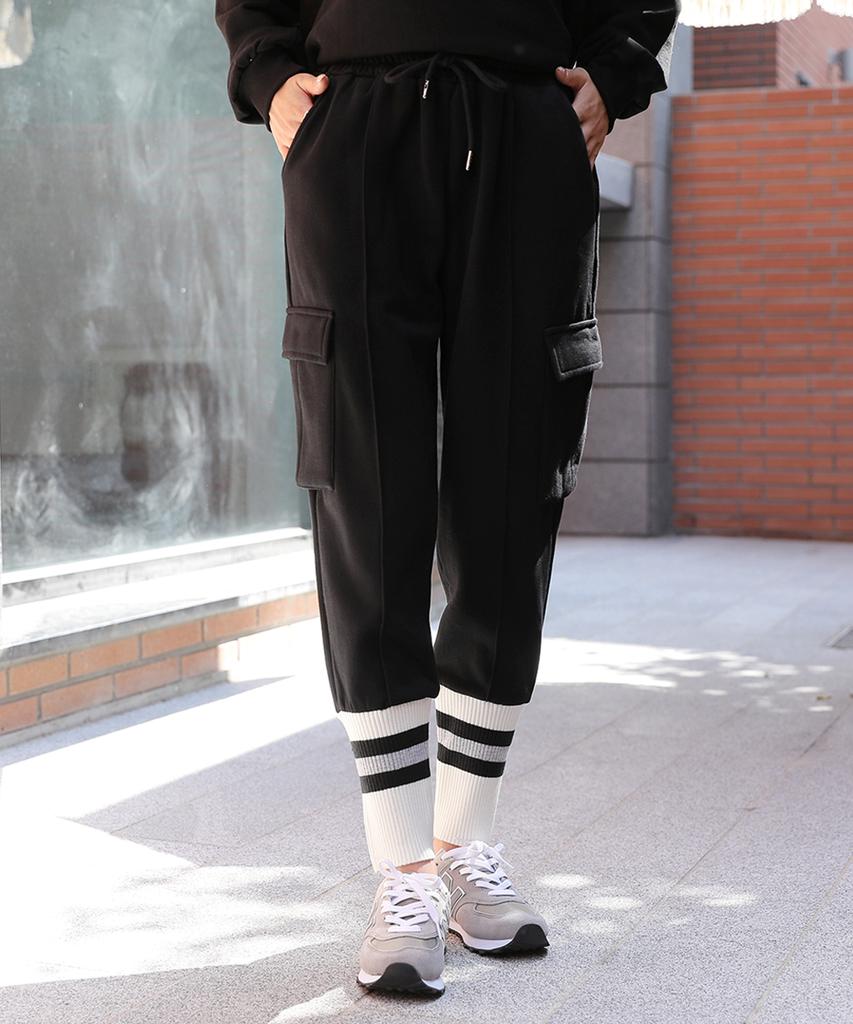 Jikeulib Warm Fleece-Lined String Elastic Pocket Cargo Contrast Hem Long Sock Jogger Pants