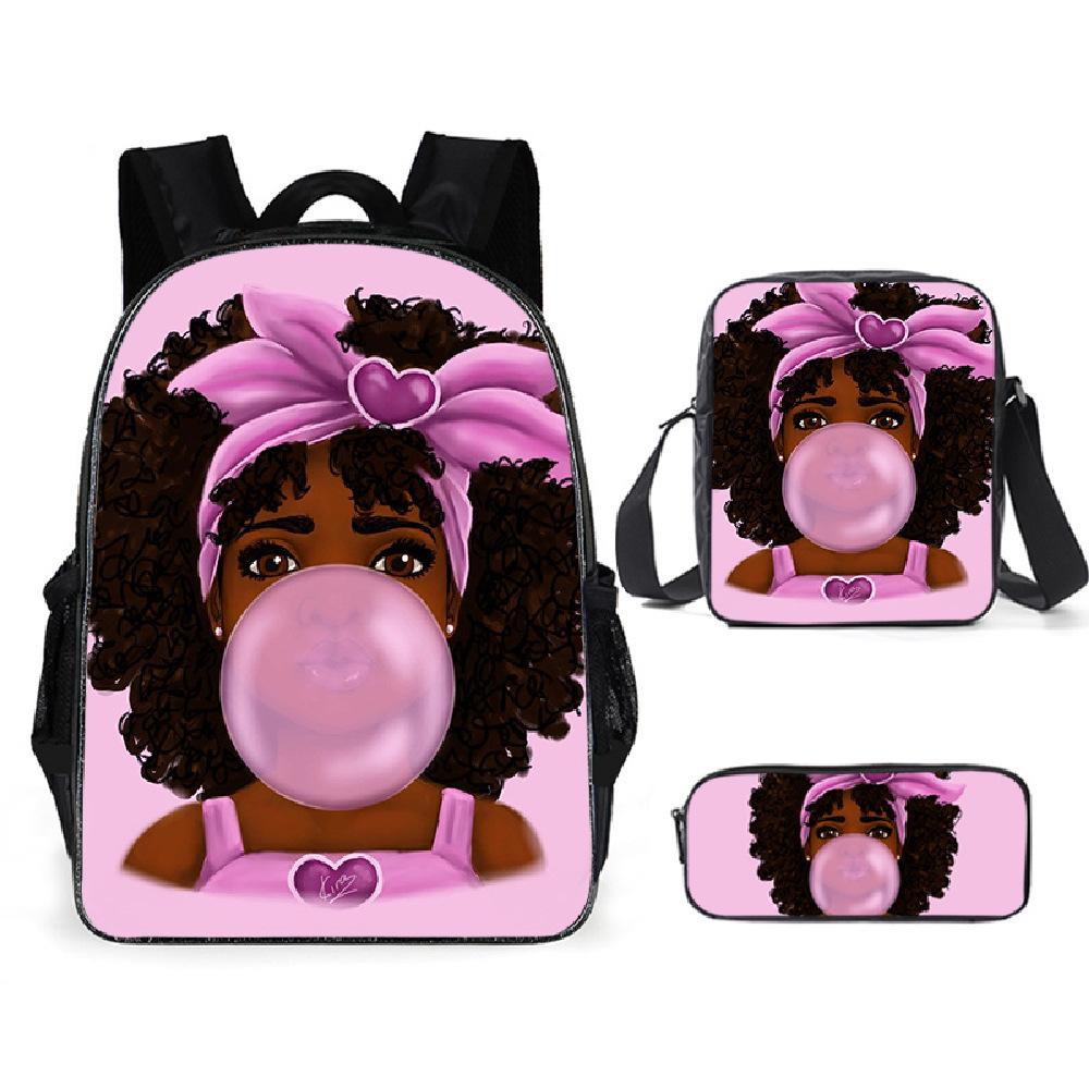 African Girl Schoolbag Three-piece Set, Primary School Students Backpack, Computer Bag, Large Capacity
