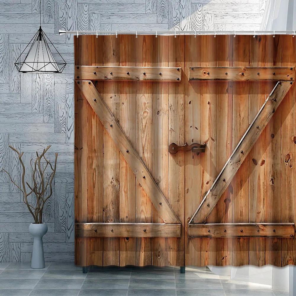 Old Wooden Door Shower Curtain Farm Barn Door Rural FarmHouse Decoration Polyester Fabric Bath Curtain Bathroom Accessories Set