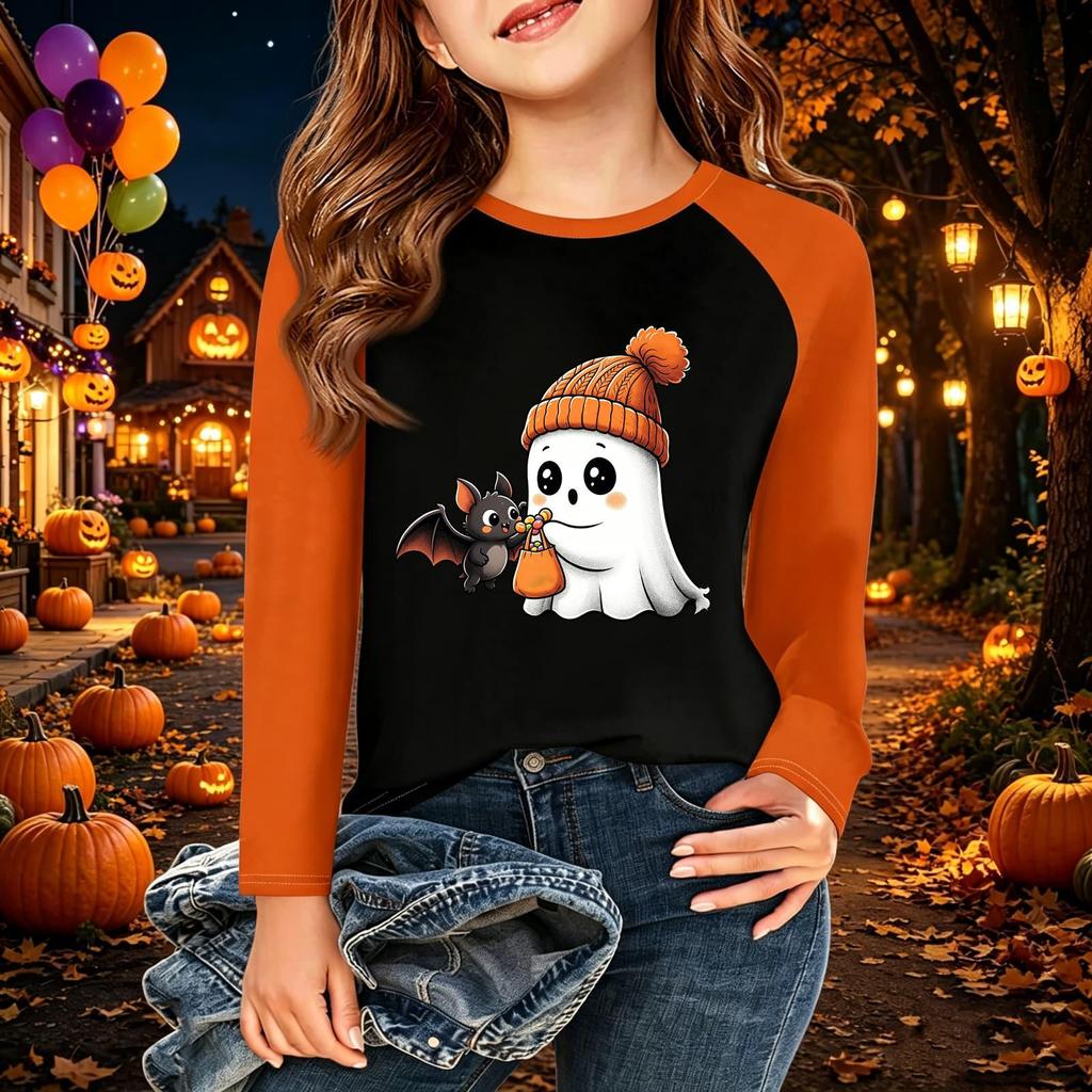 Kids' Halloween Printed Long Sleeve Neck T-Shirt for Casual Wear