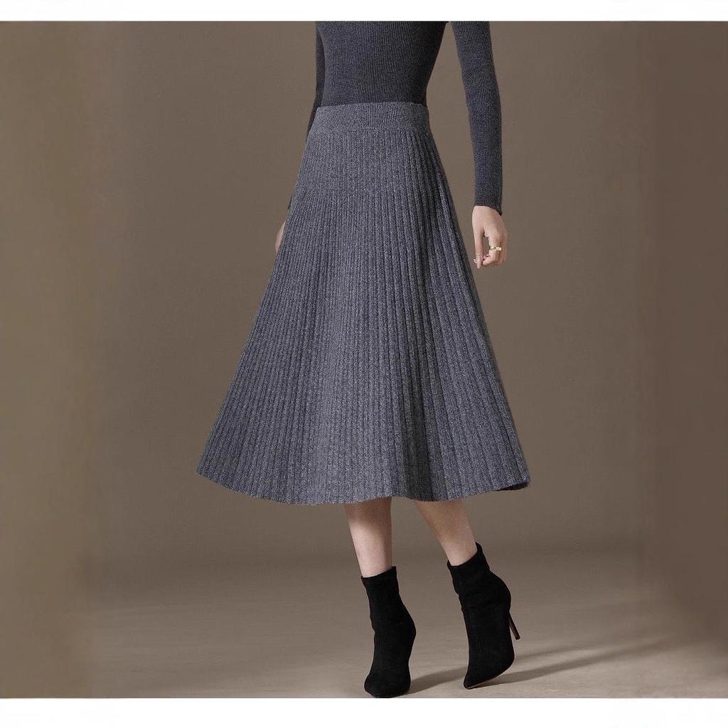 Autumn/Winter 2025 Pleated Midi Skirt - 100% Cashmere, Slimming, Solid Color, Versatile and Stylish.