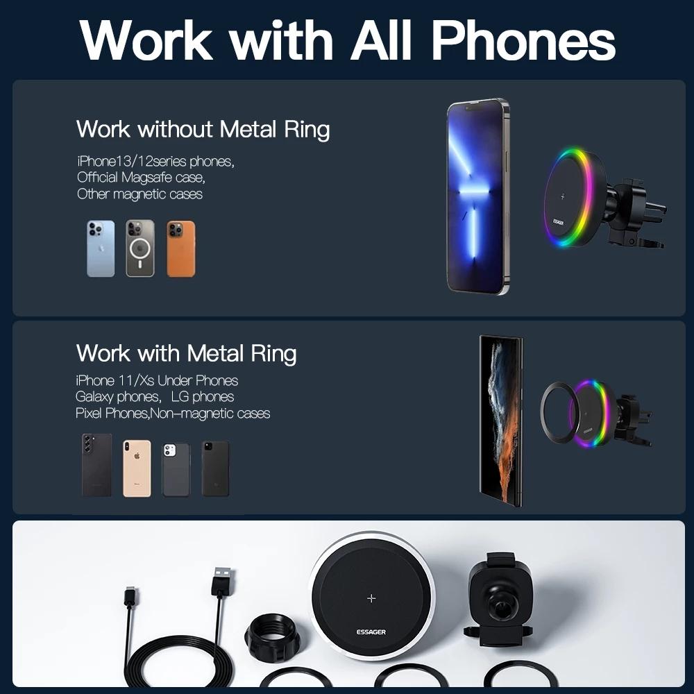 Essager RGB Car Phone Holder Qi 15W Macsafe Wireless Charger Car For iPhone 14 13 Samsung Universal Phone Holder Stand