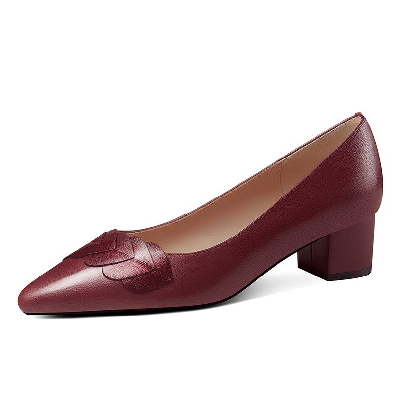 

2025 новая осенняя обувь бордового цвета на толстом каблуке, туфли-лодочки с мелким вырезом, женские туфли с острым носком, мягкая подошва, мягкая поверхность, обувь для мам 40