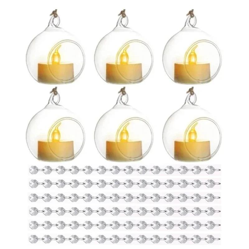6/12Pcs Hanging Candle Holder Glass Globes Orbs with Crystal Bead Garland Tea Lights Candles Holder for Wedding Party Tree Decor