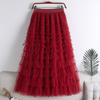 Cake Skirt Elastic High Waist A-Line Skirt Pure Color Multi Layer Ruffle Trim Mesh Hem Midi Skirt Work Leisure Wear