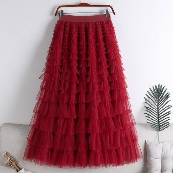 Cake Skirt Elastic High Waist A-Line Skirt Pure Color Multi Layer Ruffle Trim Mesh Hem Midi Skirt Work Leisure Wear