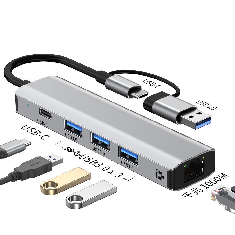 Type-C 5-in-1 Docking Station with Gigabit Ethernet and Multi-Port Expansion for Laptops