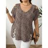 Plus Size Leopard Print V-neck Short Sleeve Loose Women's T-shirt (European & American Fashion)