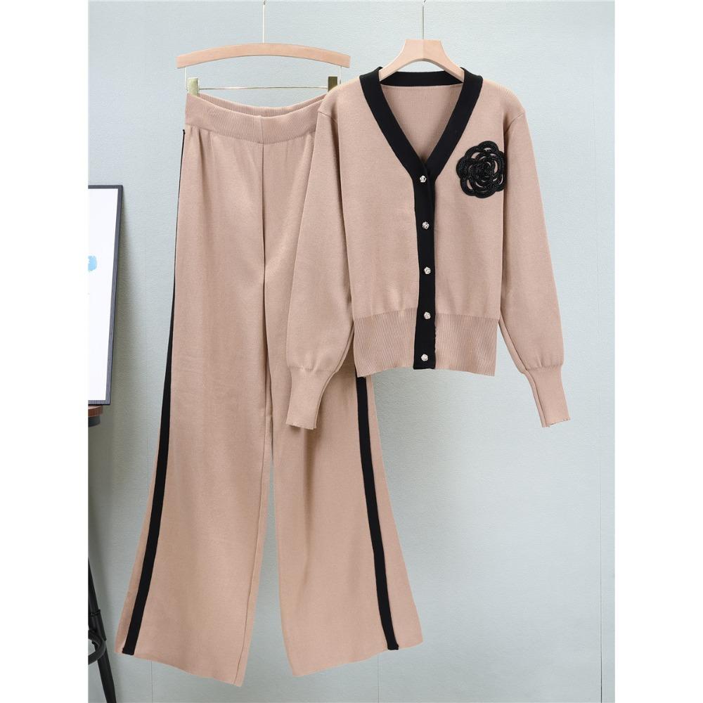 

Модные трикотажные женские костюмы, однобортный кардиган с V-образным вырезом и широкие длинные брюки, осенние свободные свитера для улицы One Size хаки