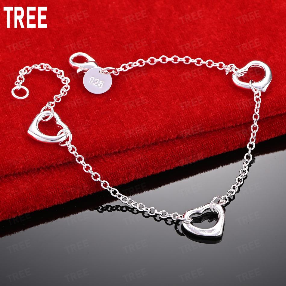 925 Sterling Silver Openwork Heart Side Chain Romantic Bracelet Gift Jewelry 20CM
