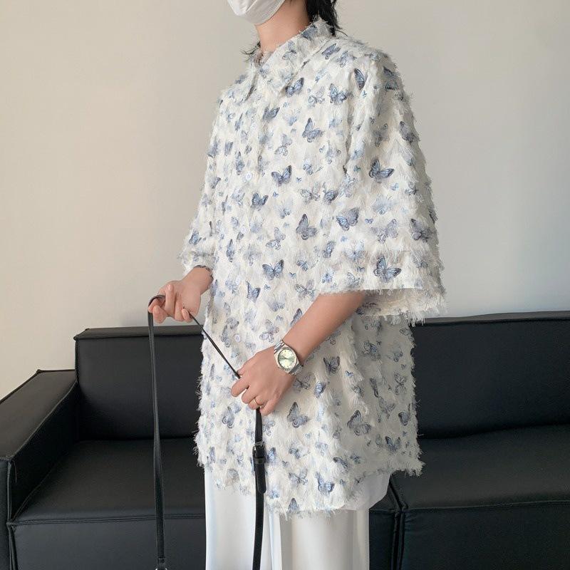 

Мужская рубашка-кардиган в японском стиле в стиле ретро — дизайн «бабочка», необработанные края, кисточки, высококачественный жакет с короткими рукавами и лацканами M