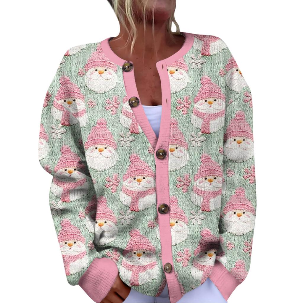 Women's Fashion Christmas Printed Long Sleeve Knitted Cardigan Button Down Jacket