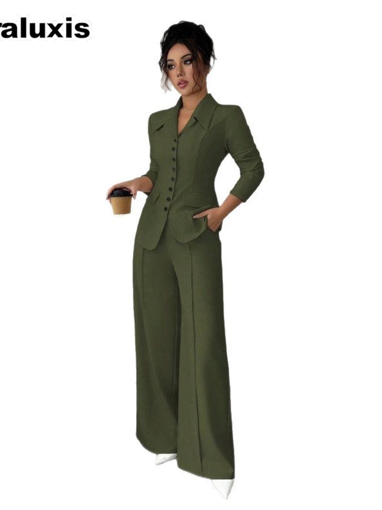 Autunno Elegante Collo Alto Manica Lunga Vestibilità Larga Gamba Dritta Pantaloni Set Due Pezzi Donna