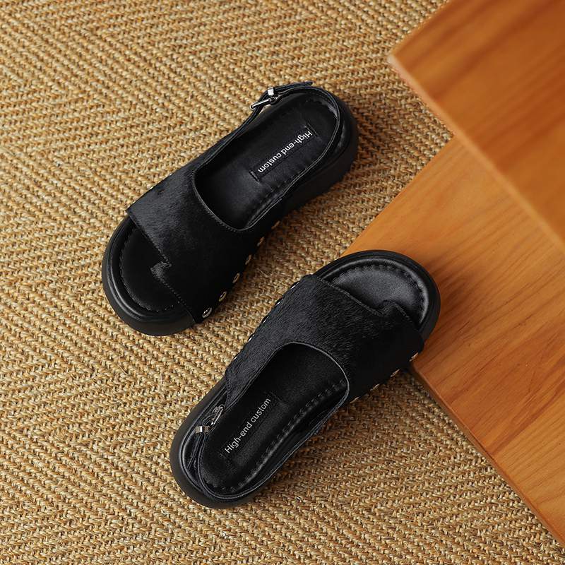 Krazing Pot Horsehair Natural Fur Summer Size 42 European Design Thick Bottom Flat Platform Women Superstar Peep Toe Sandals