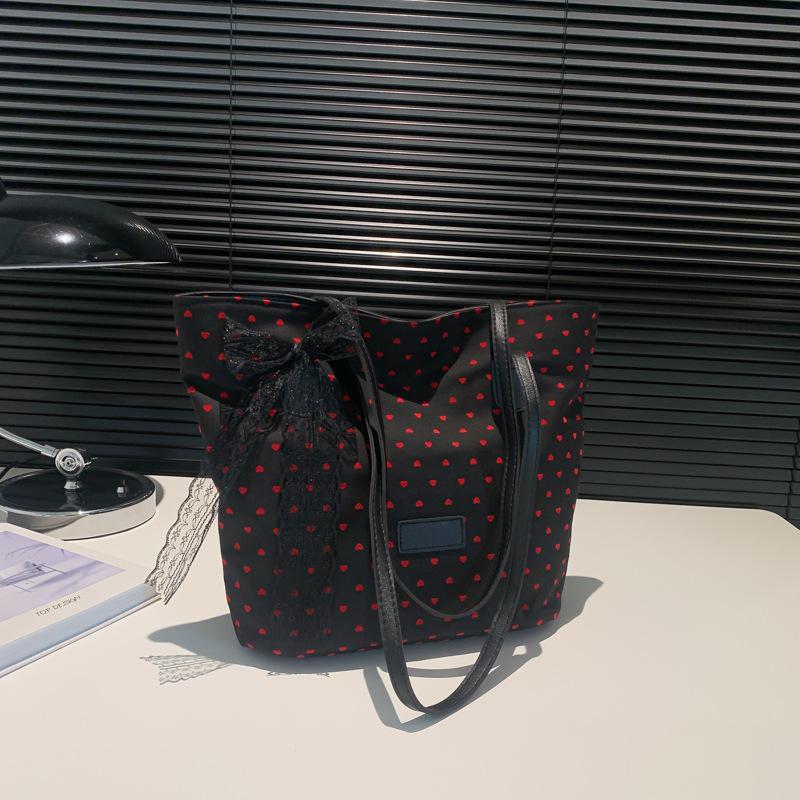 Casual Bow Dots Women's Shoulder Bags Large Capacity Elegant Ladies Bucket Tote Commuter Female Handbags with Lace Pendant