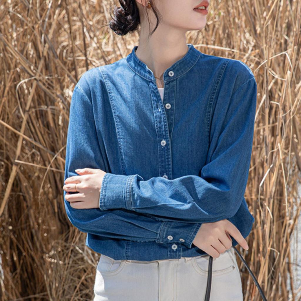 Temperament Chinese Denim Shirt for Women In Winter Retro Hong Kong Style Shirt Loose Long-sleeved Casual Stand Collar Top