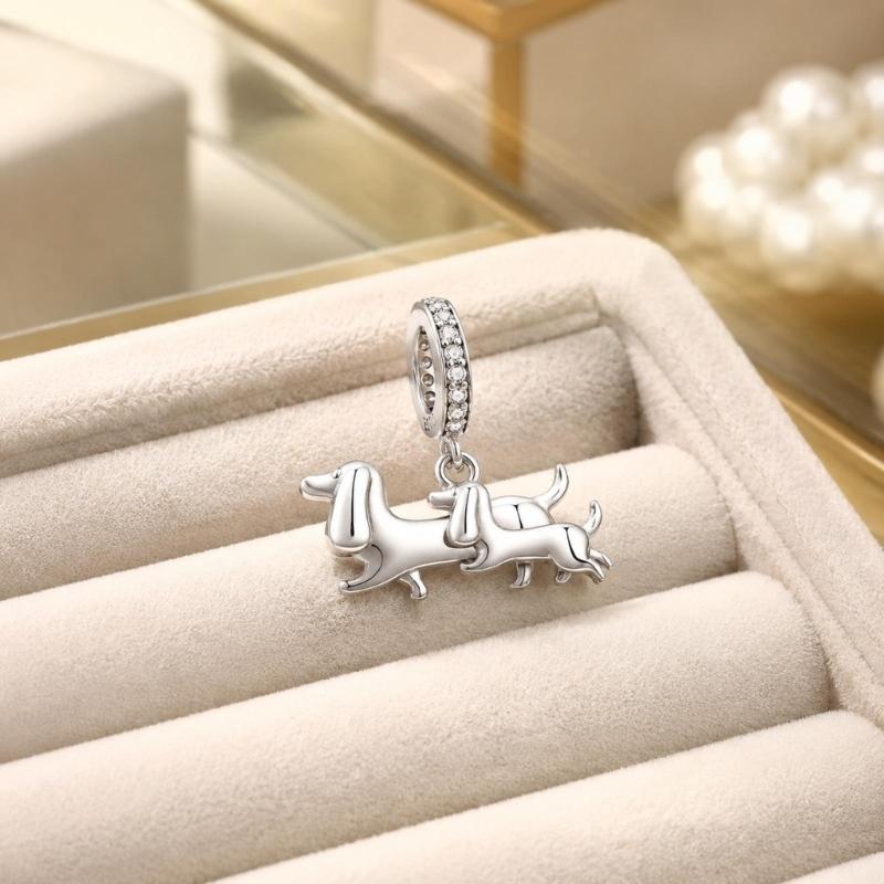 Sterling Silver Dachshund Charm with a Polished Mother and Puppy Design, Rounded Contours, and a Large Loop for DIY Jewelry Projects