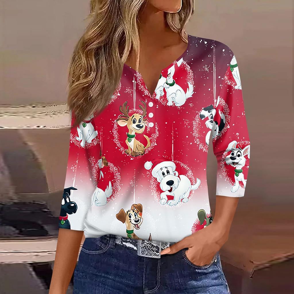 Women's T Shirt Tee Christmas Printed Button 3/4 Sleeve Tunic Daily Weekend Fashion Basic V- Neck Regular Top