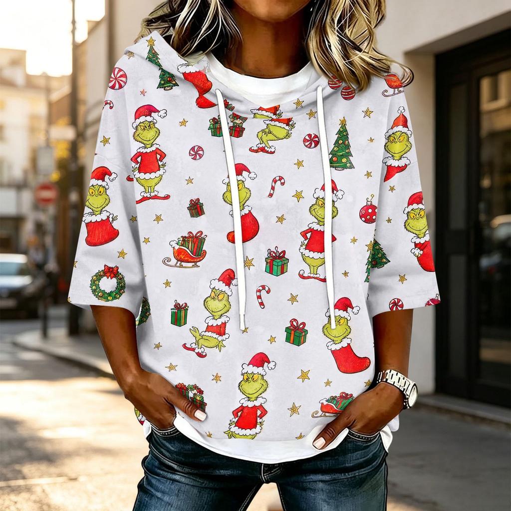 Women's 3/4 Sleeve Hooded Christmas Character Print T-Shirt, Casual Holiday Top