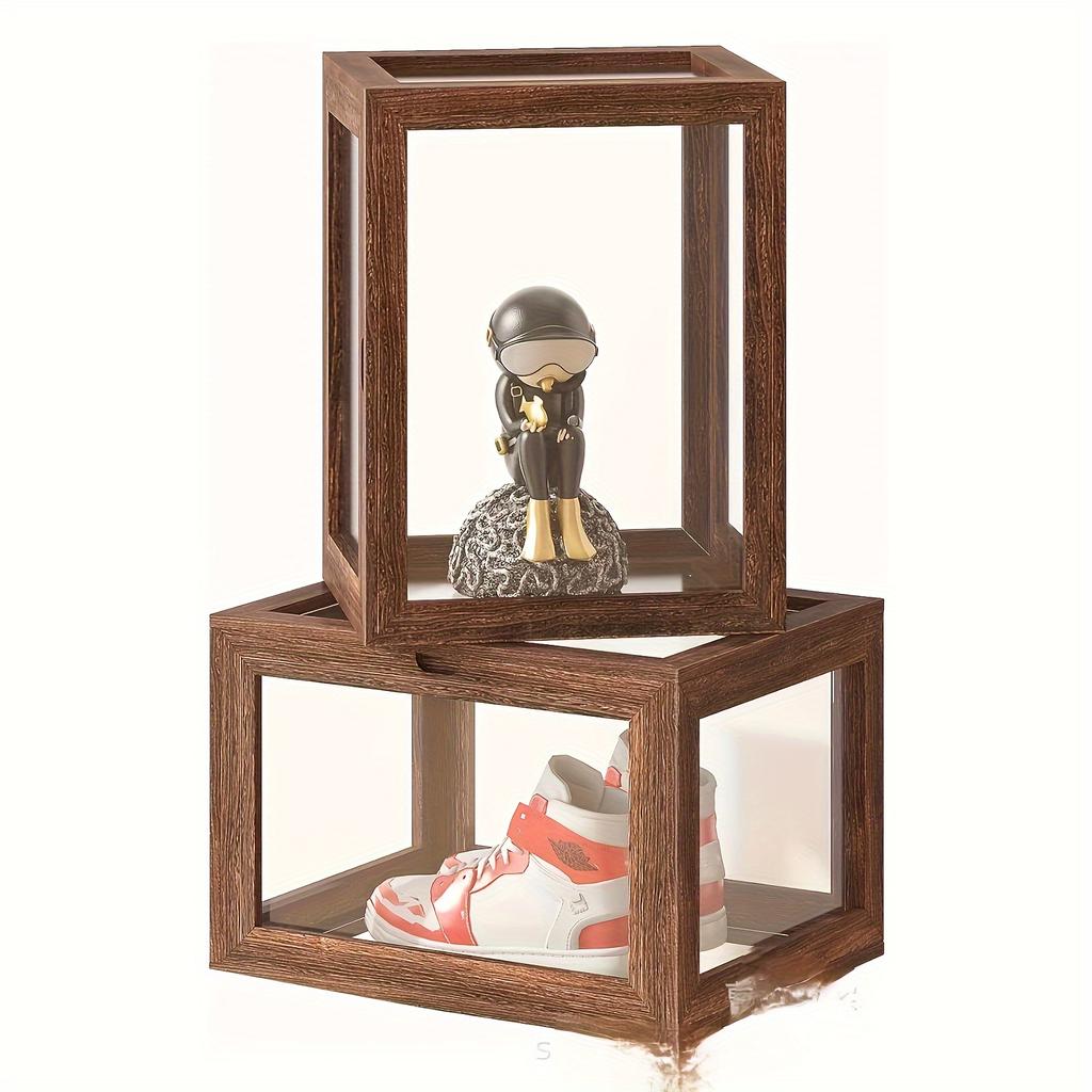 Wooden Stackable Display Case Transparent Shoe Storage Box for Sneakers and Collectibles, Baskets Home Organization