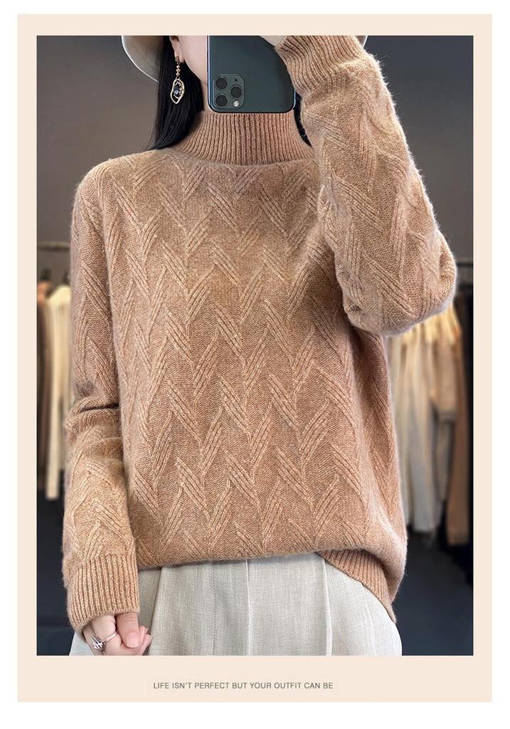 Women's Autumn & Winter Seven-Needle Jacquard Pullover Sweater - Half-High Collar, Thick Knit Base Layer