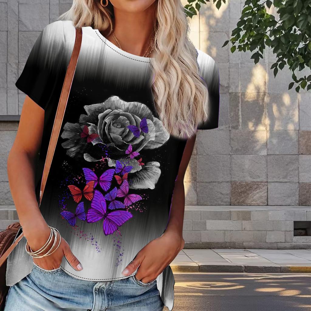 Kadın Yazlık Tişört Kelebek Baskılı Retro Moda Kısa Kollu Tişörtler Günlük Baskılı Üstler